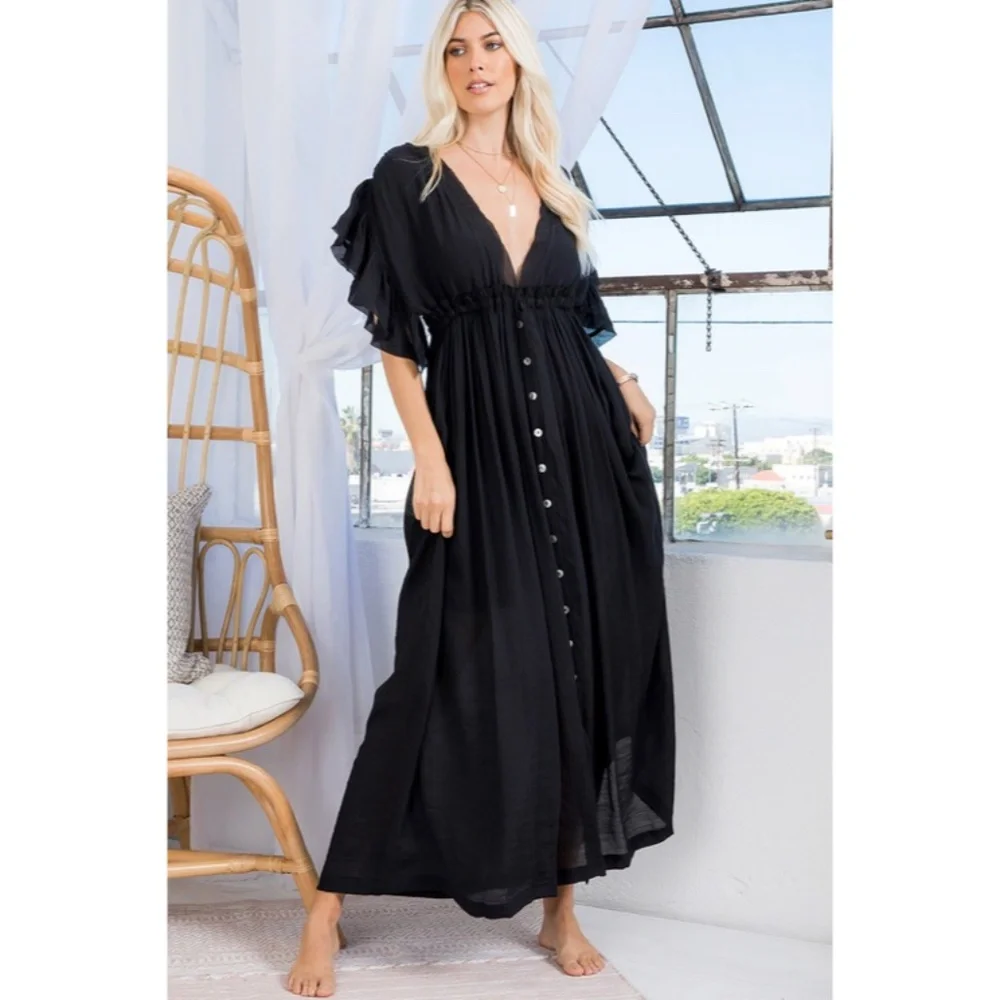 SOLD OUT Black Gauze Boho Button Short Slv Deep V Woven Gathered Maxi Dress - Picture 5 of 7